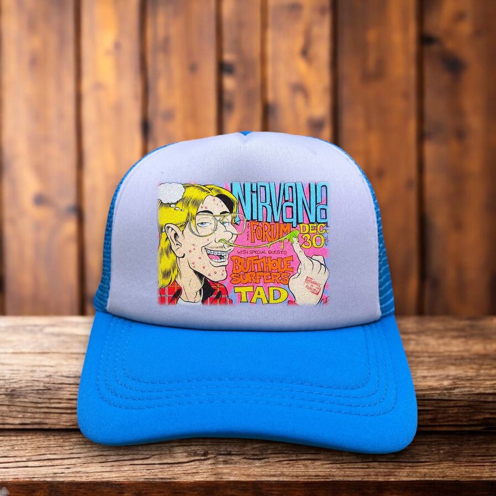 Nirvana Butthole Surfers Mens Trucker Hat Blue Snapback 90s Tour Poster Cap